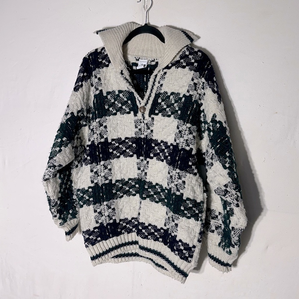 Vintage 90s Las Americas Chunky Textured Knit Wool Sweater M Dadcore Academia